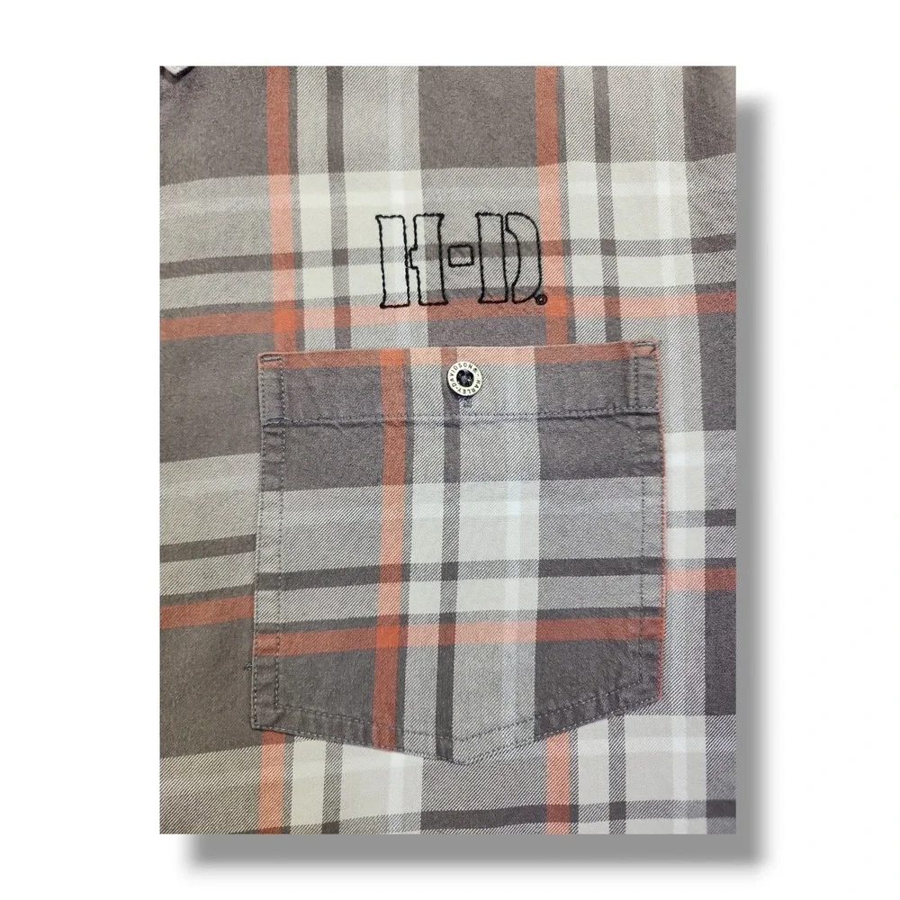 Harley Davidson Motorclothes Grey/Orange Plaid Button Down Long Sleeve Men's 2XL